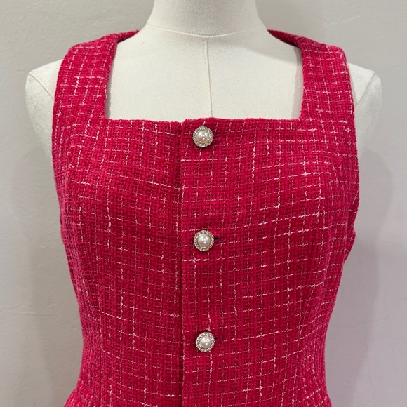 NWOT Allegra K Fushia & White Tweed Pearl Button Dress | XS | Fully Lined - Picture 4 of 10